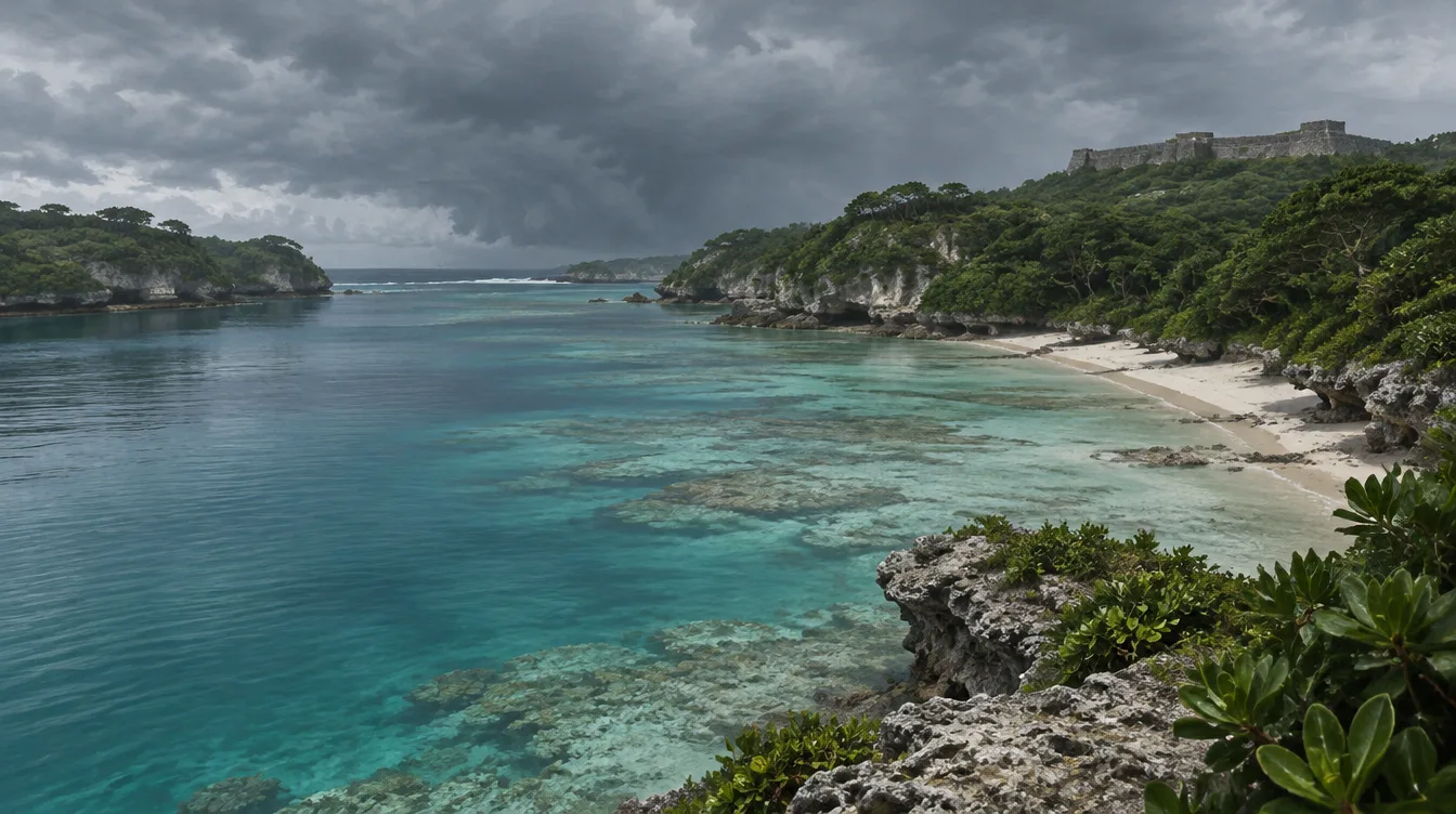 Teluk karang berair pirus di bawah langit mendung, pantai pasir pucat dan dinding gusuku di bukit jauh